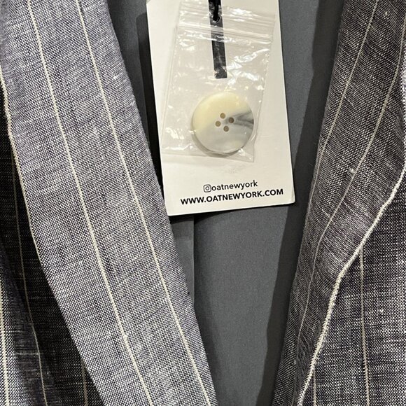 Oat Blazer Womens L‎ Blue Linen Woven Striped One Button Lined Nautical Preppy - Picture 5 of 11